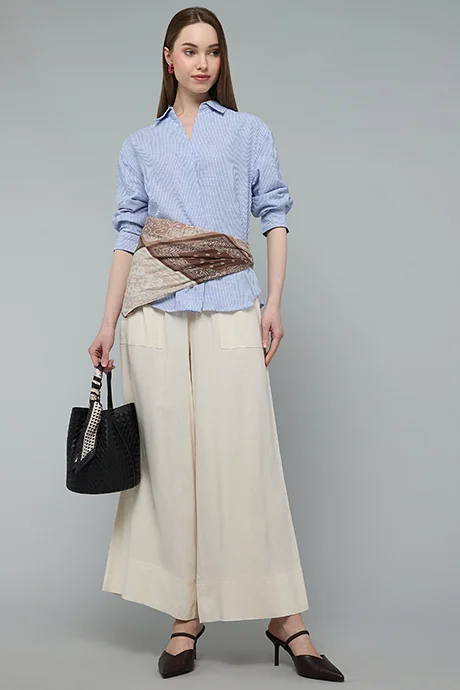 Striped Shirt with Spread Collar and 3/4 Sleeves