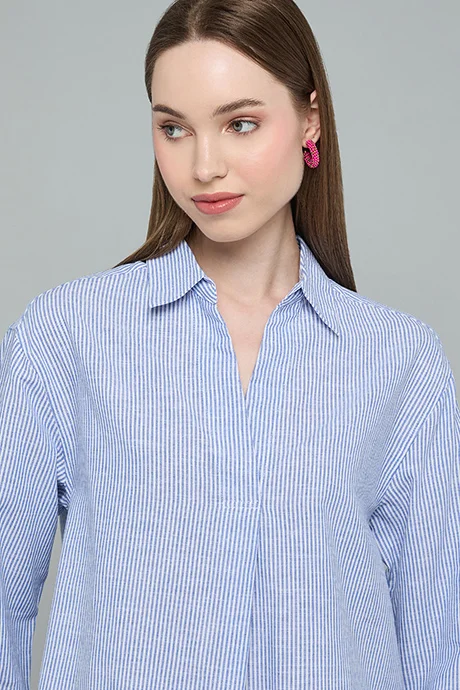 Striped Shirt with Spread Collar and 3/4 Sleeves