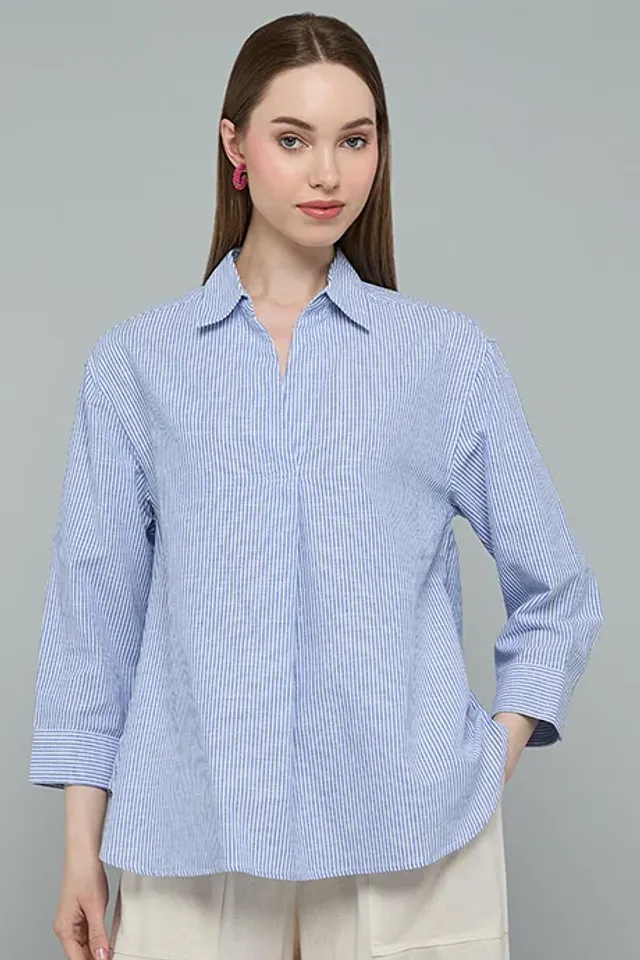Striped Spread Collar 3/4 Sleeve Shirt Blue
