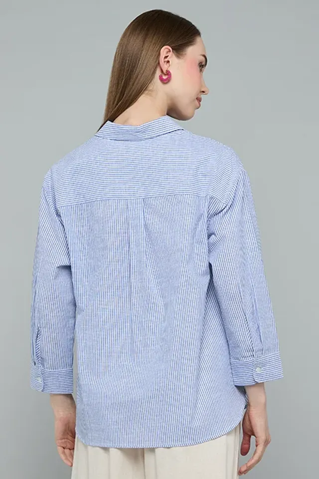 Striped Spread Collar 3/4 Sleeve Shirt Blue – image 5