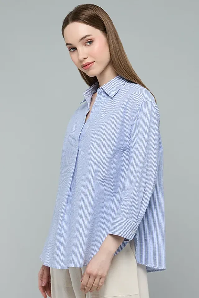 Striped Spread Collar 3/4 Sleeve Shirt Blue – image 6