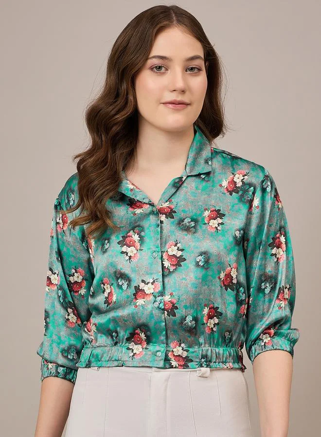 Floral Print Satin Crop Shirt Green