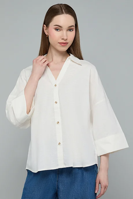 Solid Spread Collar 3/4 Sleeve Shirt Cream