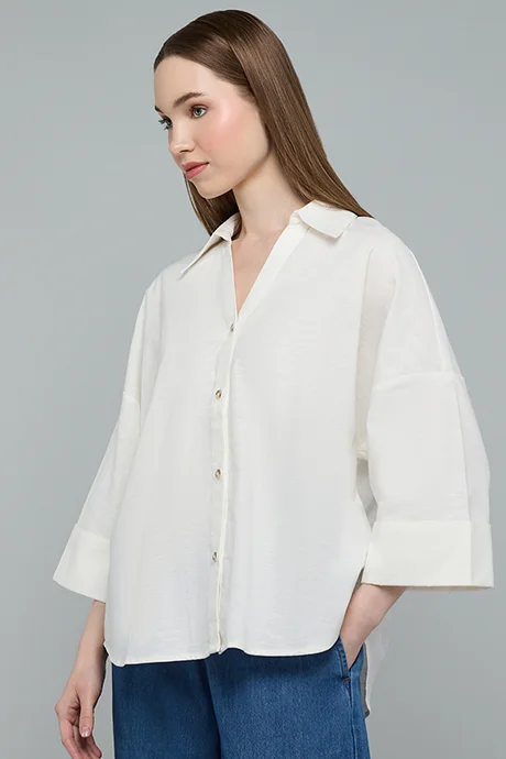 Solid Shirt with Spread Collar and 3/4 Sleeves