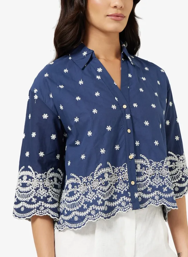 Scallop Hem Embroidered Shirt blue