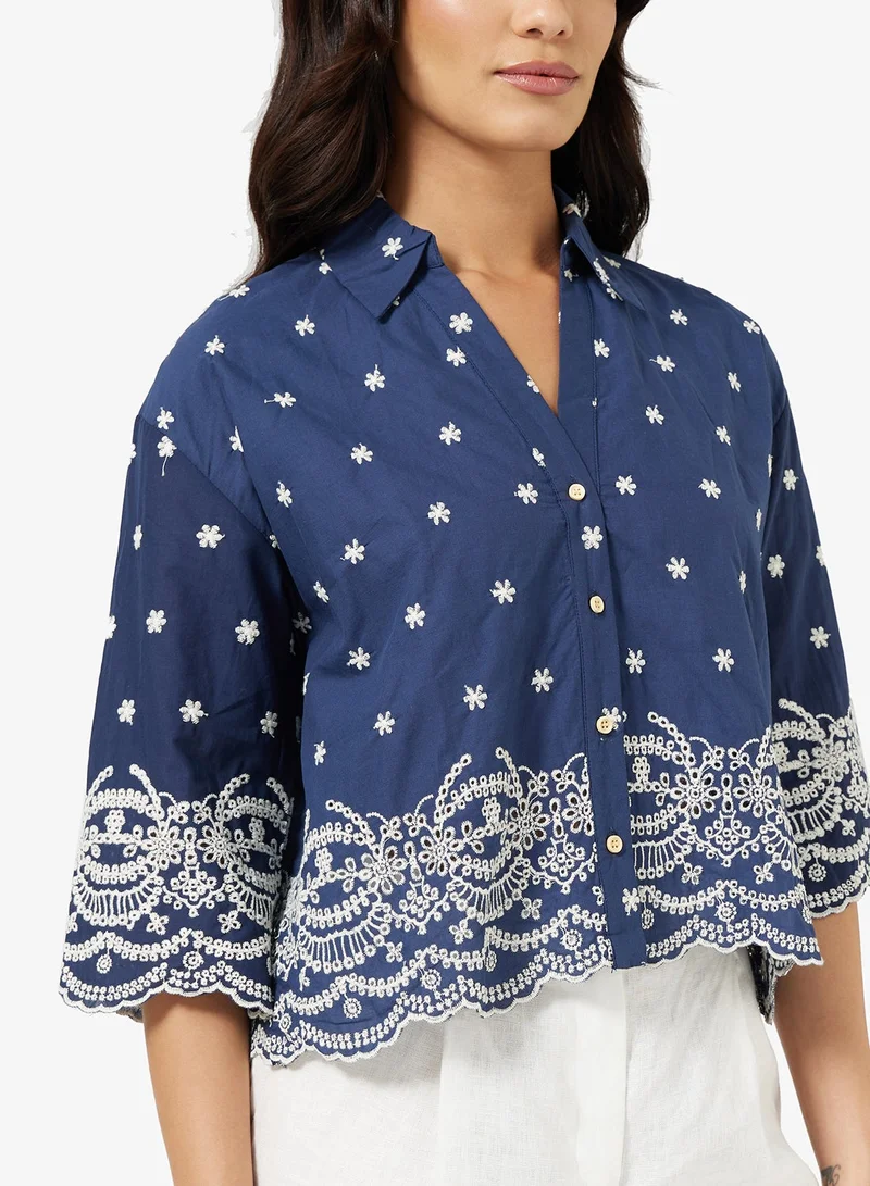 Scallop Hem Embroidered Shirt blue