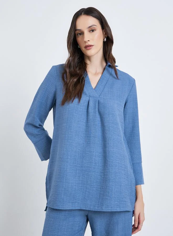 Collared 3/4 Sleeve Shirt with Belt Blue