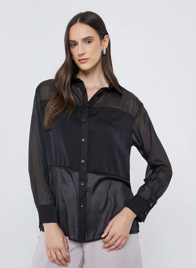 Collared 3/4 Sleeve Shirt with Belt Blue