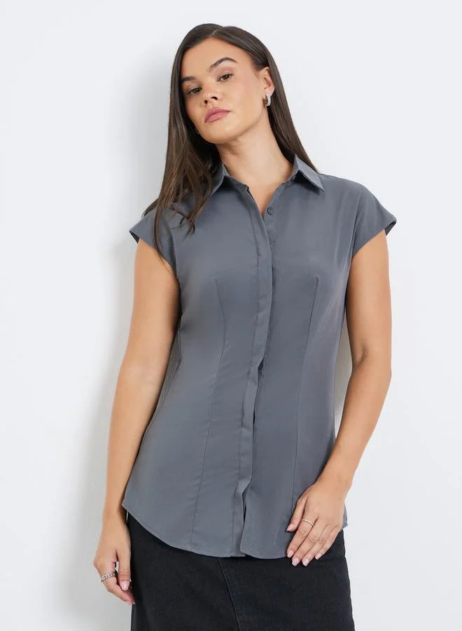 Collared 3/4 Sleeve Shirt with Belt Blue