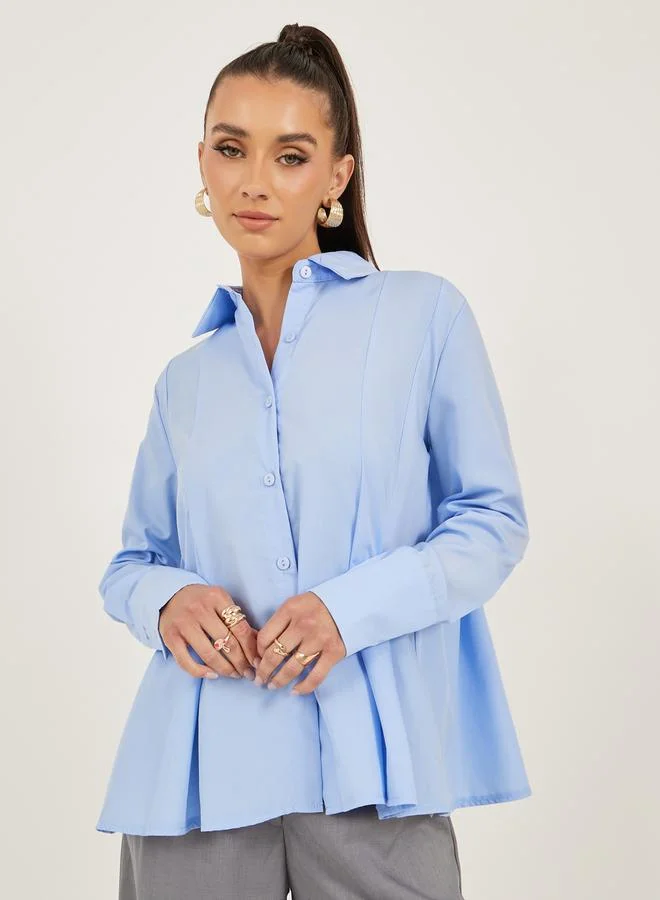 Collared 3/4 Sleeve Shirt with Belt Blue