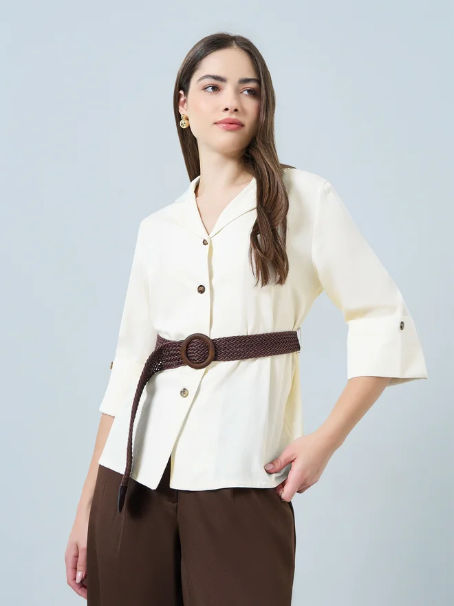 Collared 3/4 Sleeve Shirt with Belt Blue