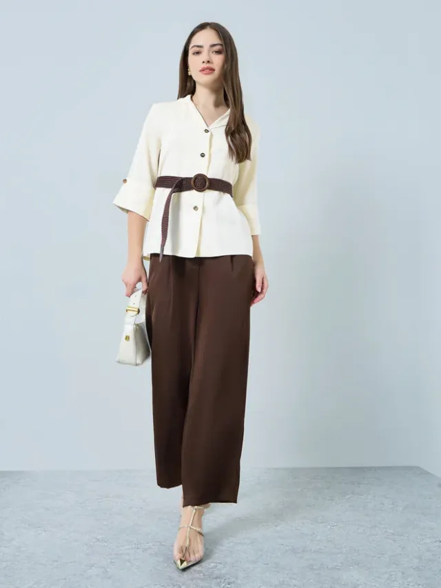 Collared 3/4 Sleeve Shirt with Belt Blue – image 2