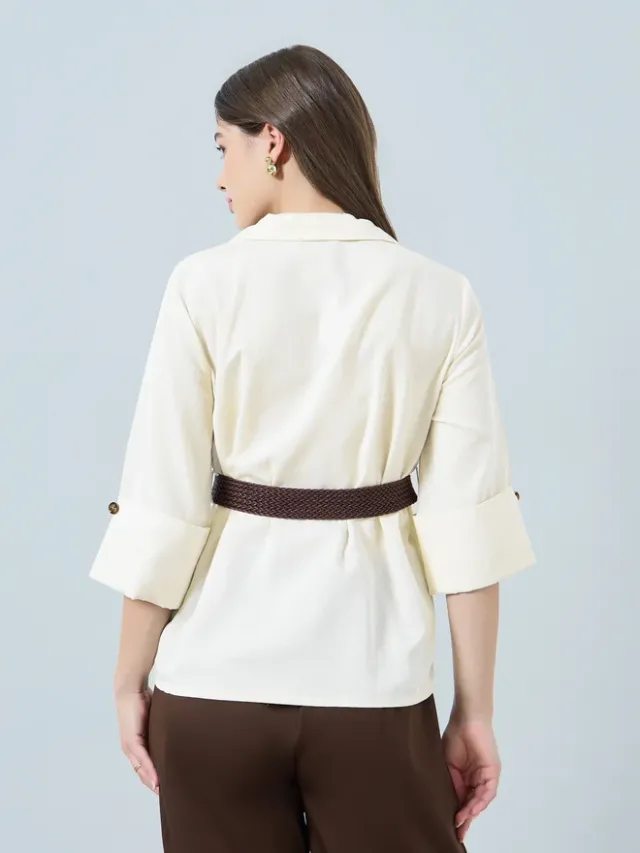 Collared 3/4 Sleeve Shirt with Belt Blue – image 4