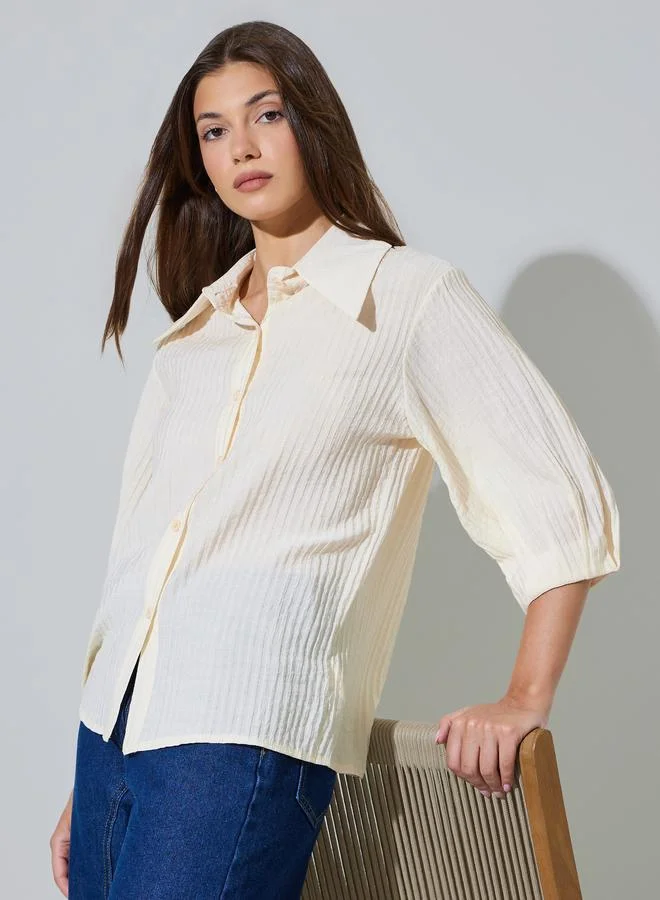 Textured Casual 3/4 Sleeve Shirt Cream