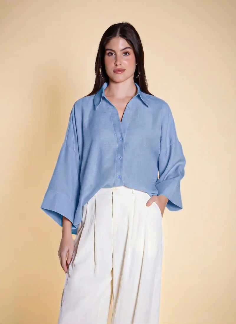 V-Neck 3/4 Sleeve Cotton Blend Shirt Blue