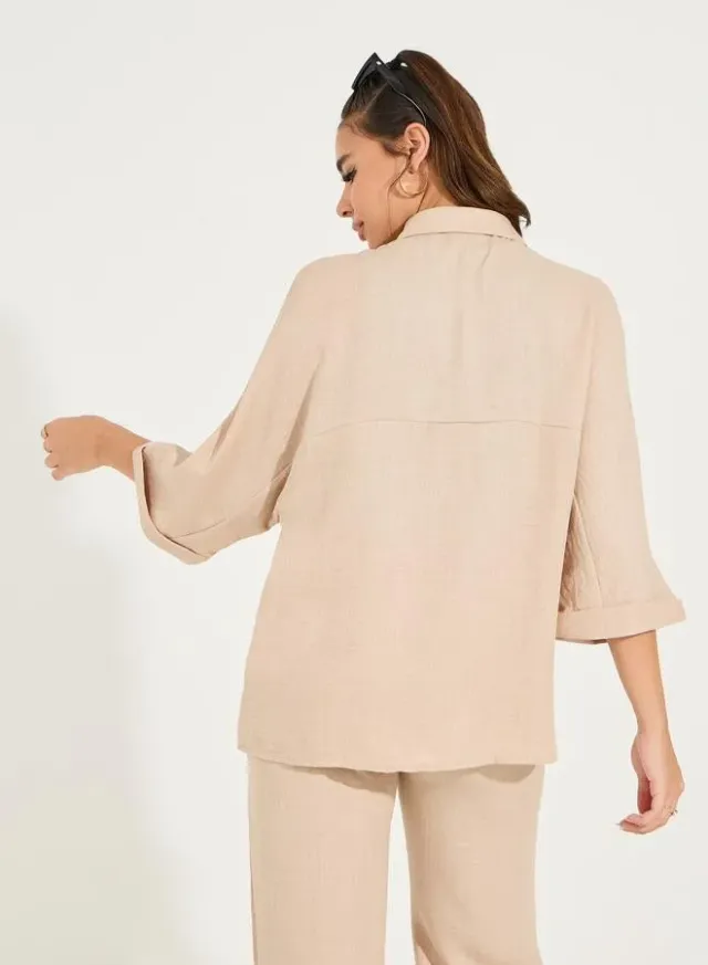 Open Collar Oversized Shirt Sand Beige – image 4