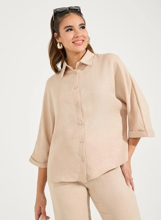 Open Collar Oversized Shirt Sand Beige