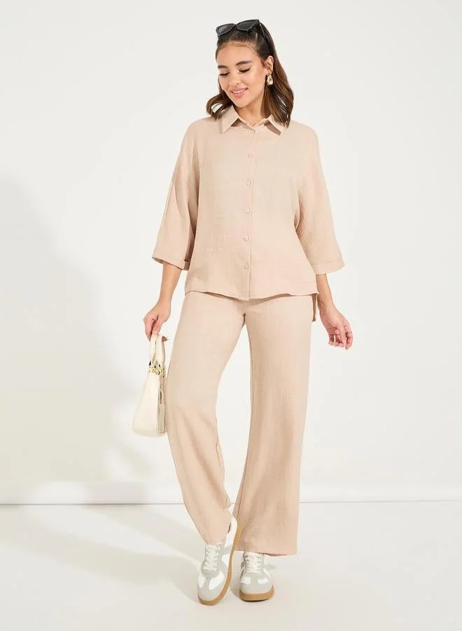Open Collar Oversized Shirt Sand Beige