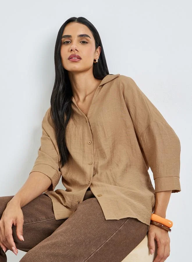 Open Collar Oversized Shirt Sand Beige
