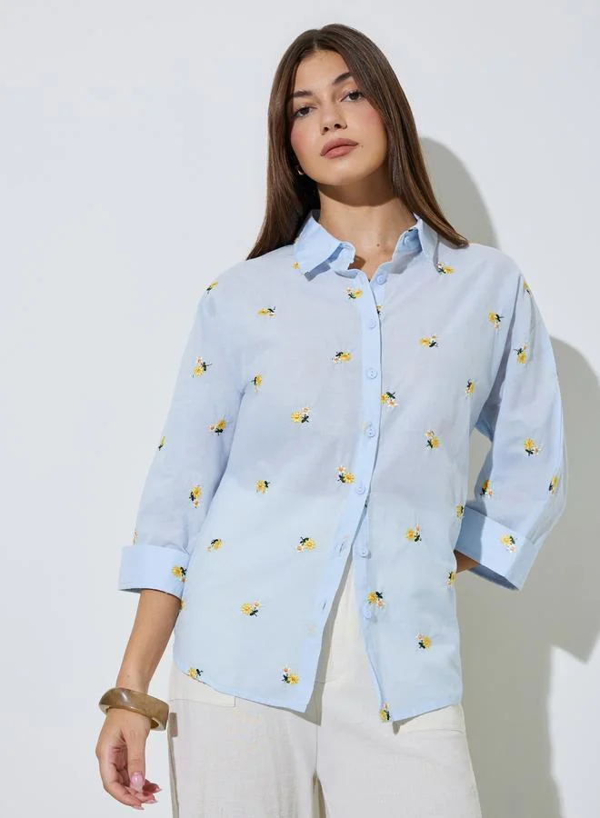Floral Embroidered Shirt Light Blue