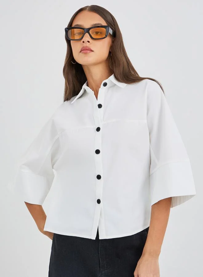 Boxy Fit Buttoned Spread Collar Crop Shirt Red