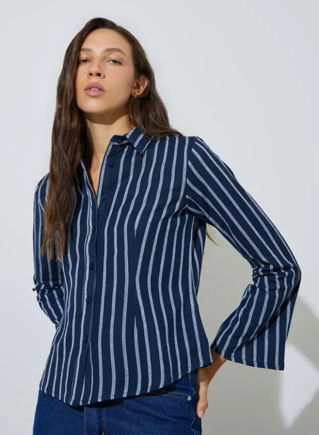 3/4 Sleeve Striped Cotton Shirt Blue