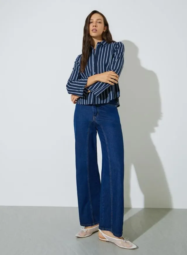 3/4 Sleeve Striped Cotton Shirt Blue – image 2