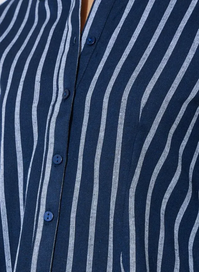 3/4 Sleeve Striped Cotton Shirt Blue – image 3