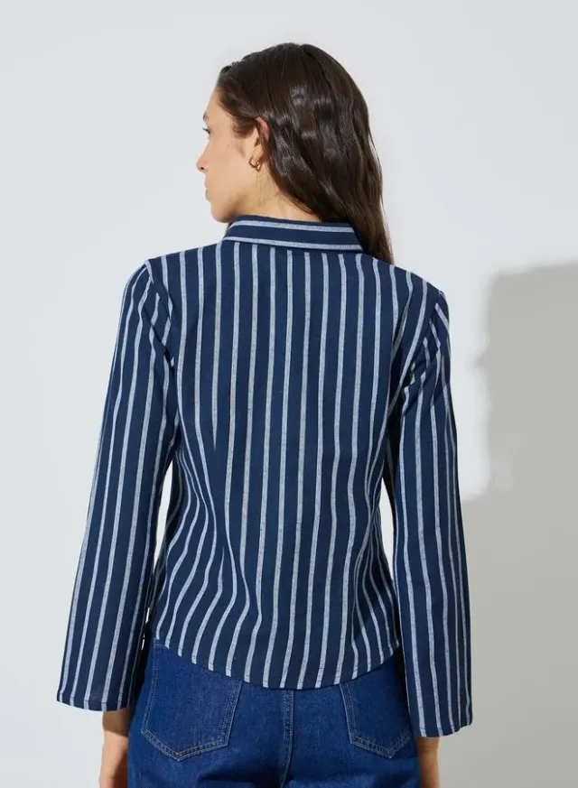 3/4 Sleeve Striped Cotton Shirt Blue – image 4