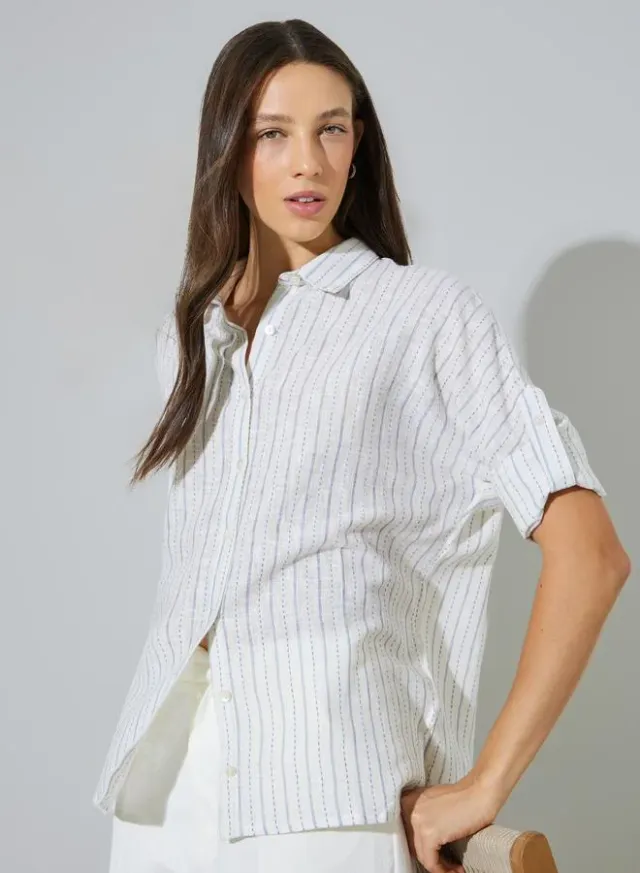 3/4 Sleeve Striped Cotton Shirt Blue