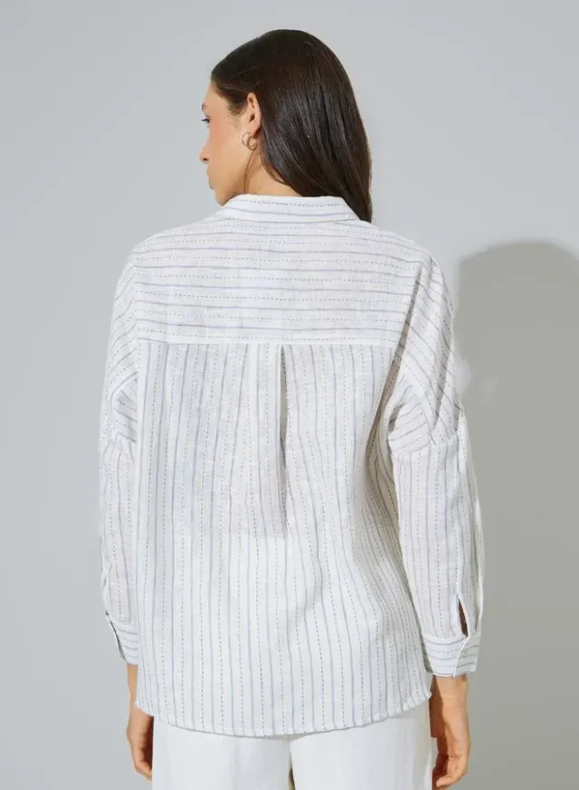 3/4 Sleeve Striped Cotton Shirt Blue – image 4