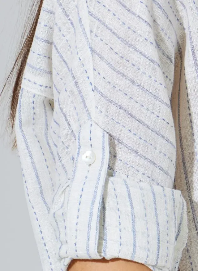 3/4 Sleeve Striped Cotton Shirt Blue – image 5