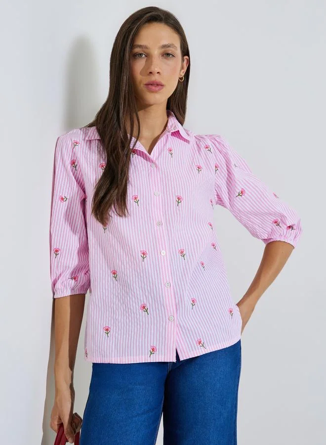 3/4 Sleeve Striped Cotton Shirt Blue