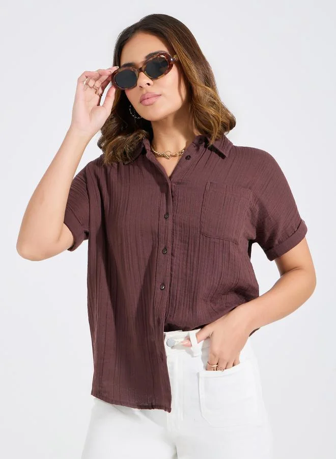 Styli Textured 3/4 Sleeve Shirt Brown