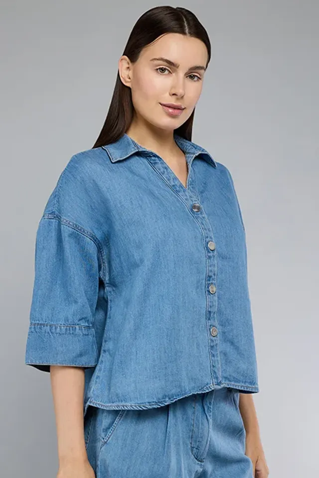Washed Denim Shirt 3/4 Sleeve Blue – image 4