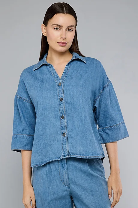 Washed Denim Shirt 3/4 Sleeve Blue