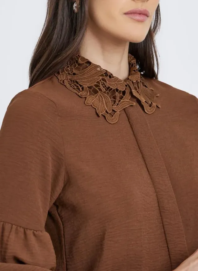 Lace Collar Placket Relaxed Fit Shirt Brown – image 4