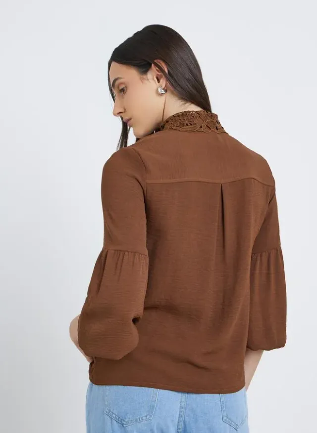 Lace Collar Placket Relaxed Fit Shirt Brown – image 5