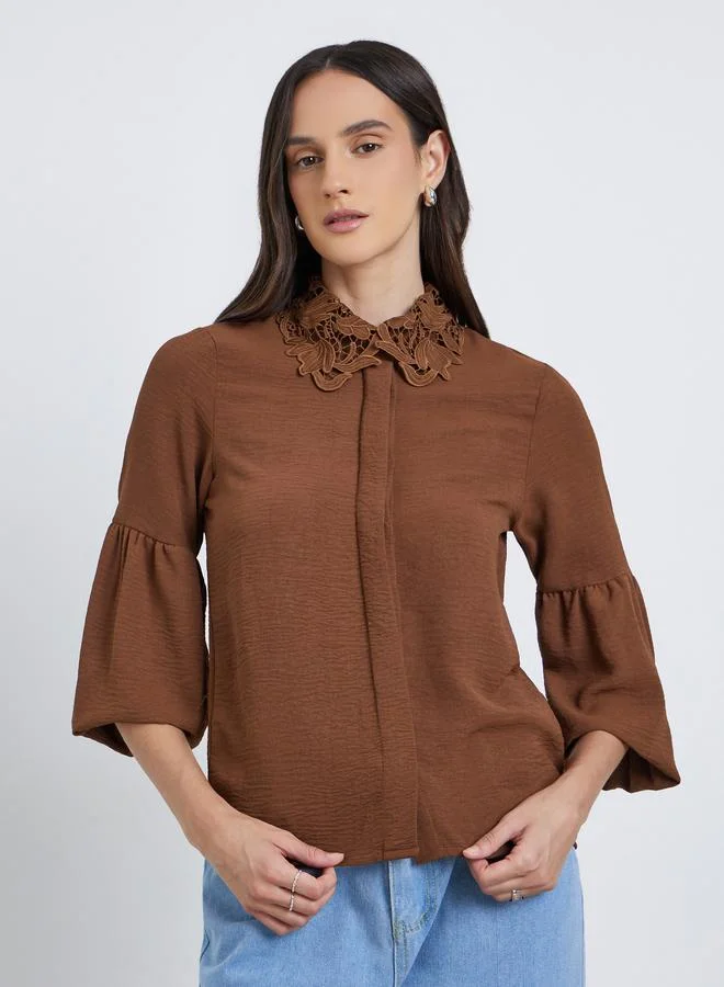 Lace Collar Placket Relaxed Fit Shirt Brown