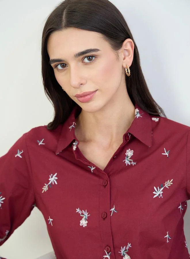 Embroidered Puff Sleeve Shirt Burgundy