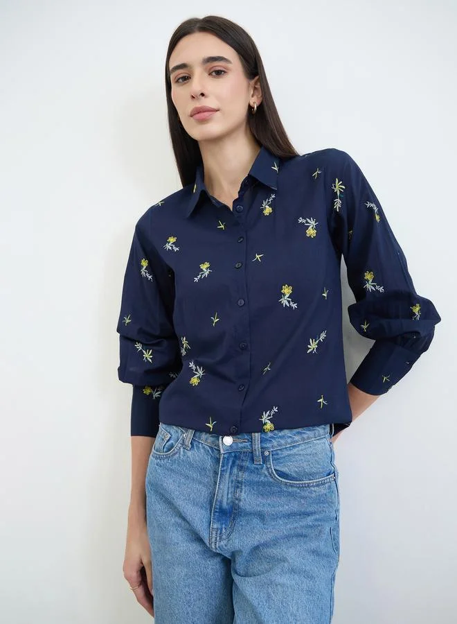 Embroidered Puff Sleeve Shirt Burgundy