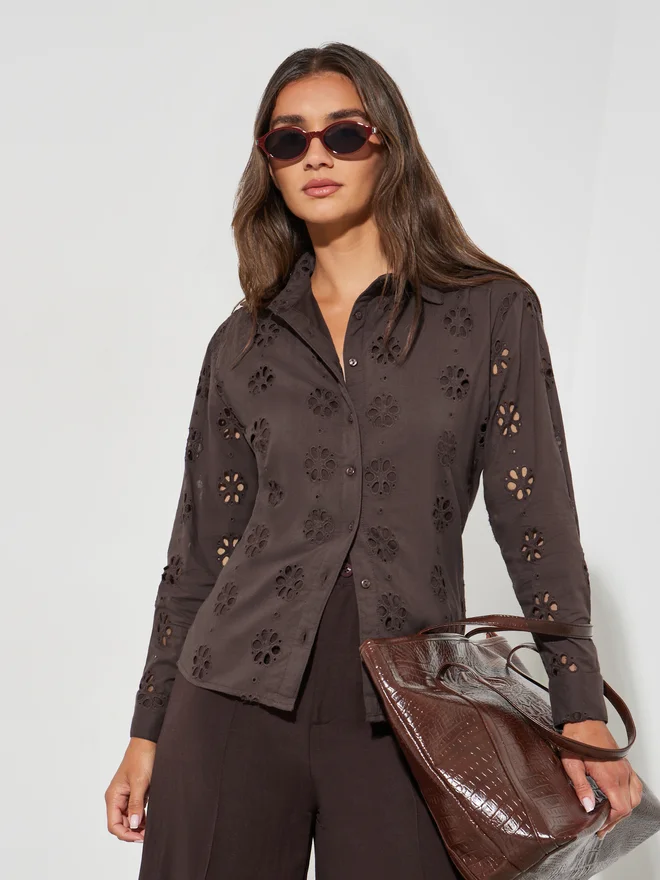 Embroidered Puff Sleeve Shirt Burgundy