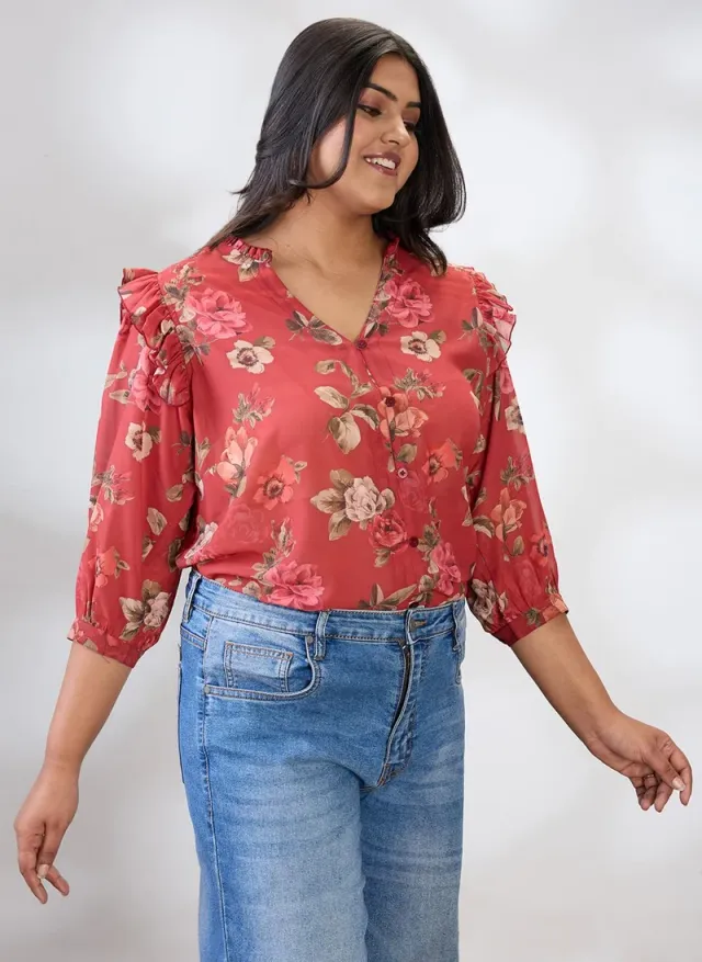 Women's Floral Print Casual V-Neck Puff Sleeve Shirt red