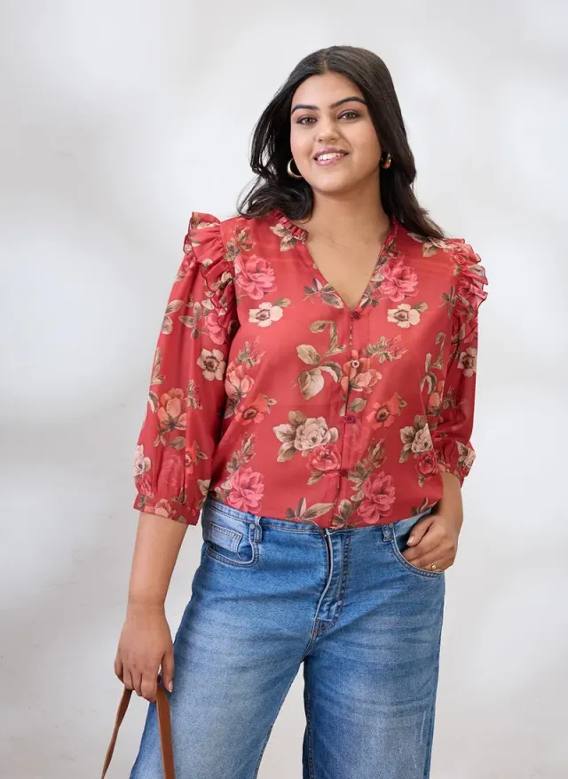 Women's Floral Print Casual V-Neck Puff Sleeve Shirt red – image 3
