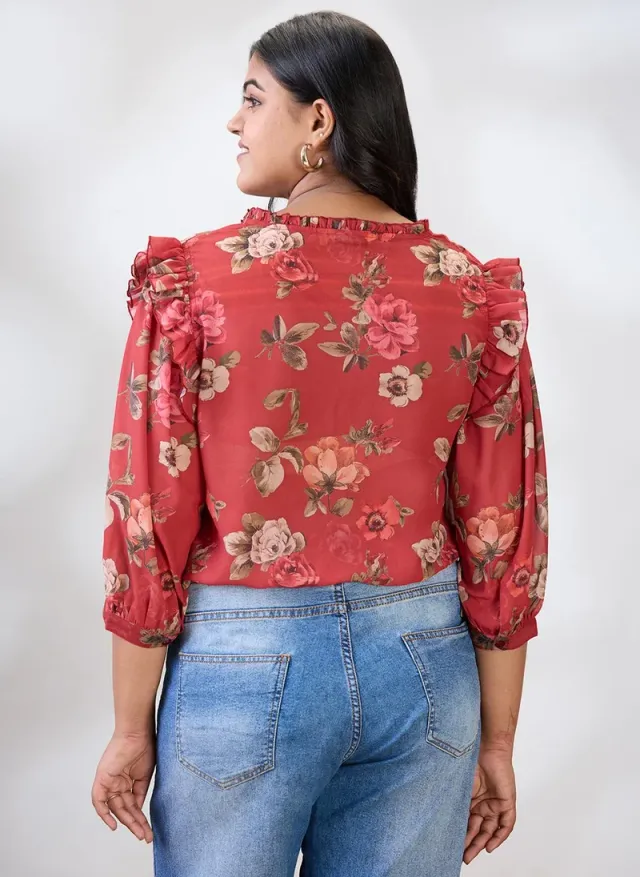 Women's Floral Print Casual V-Neck Puff Sleeve Shirt red – image 4
