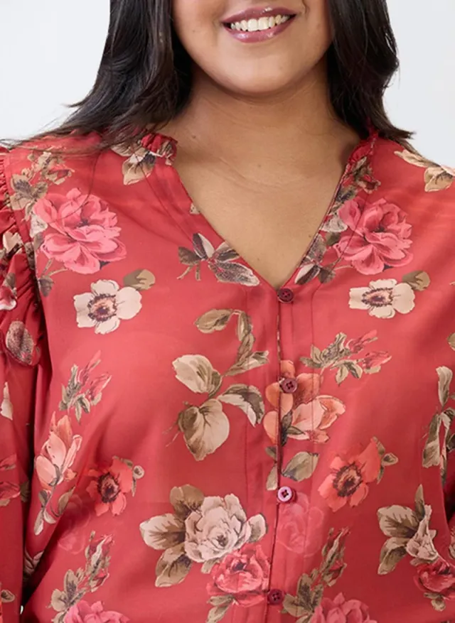 Women's Floral Print Casual V-Neck Puff Sleeve Shirt red – image 5