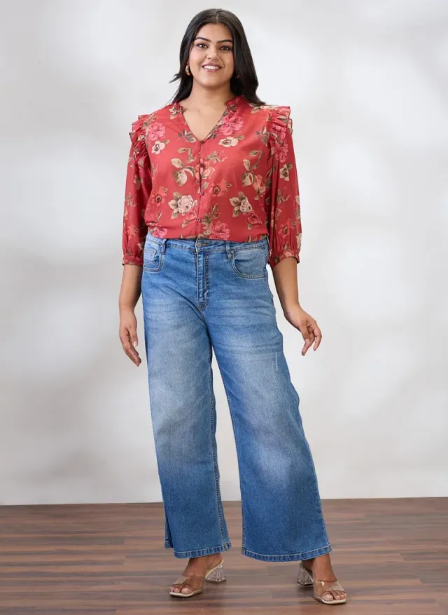 Women's Floral Print Casual V-Neck Puff Sleeve Shirt red – image 6