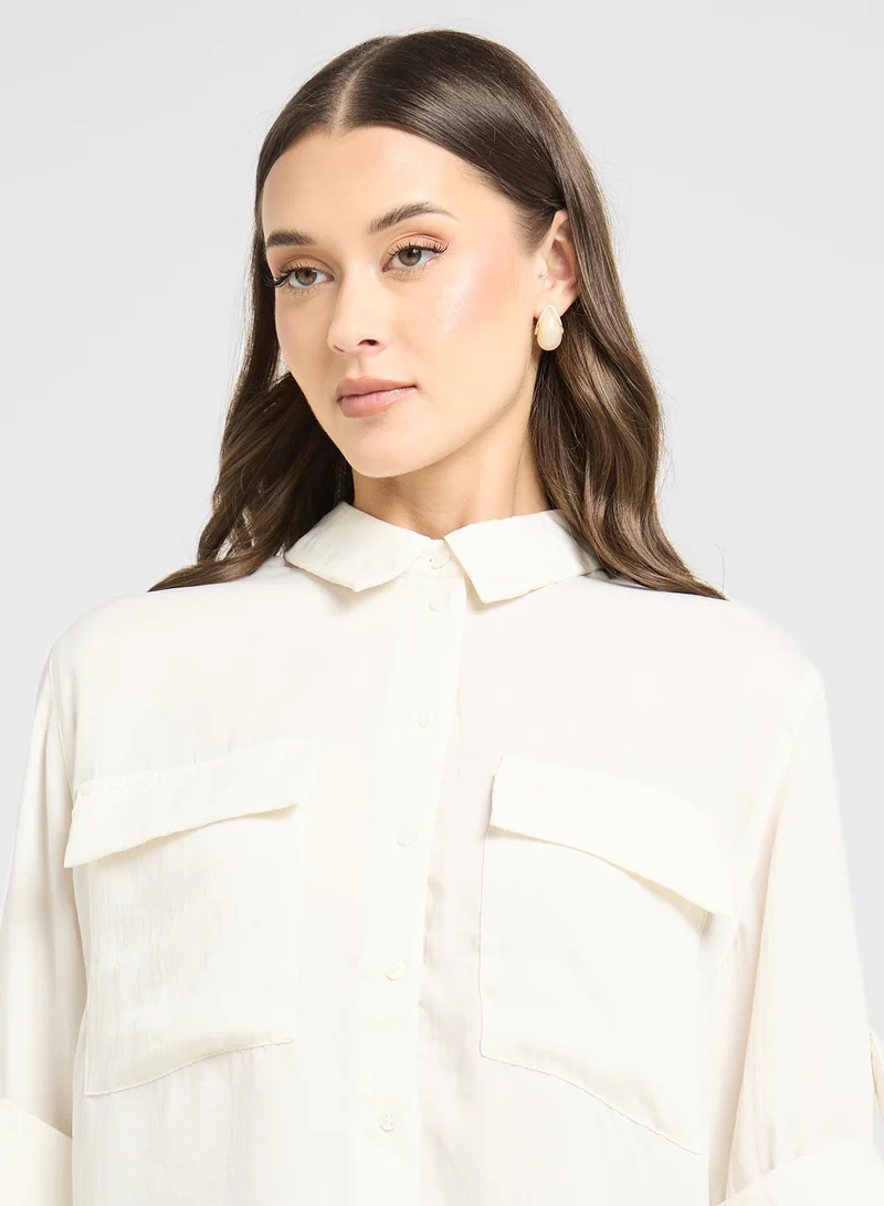 Button Down Boxy Shirt with Pockets White