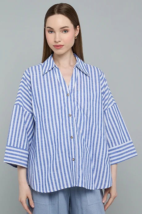 Striped Spread Collar 3/4 Sleeve Shirt, Blue