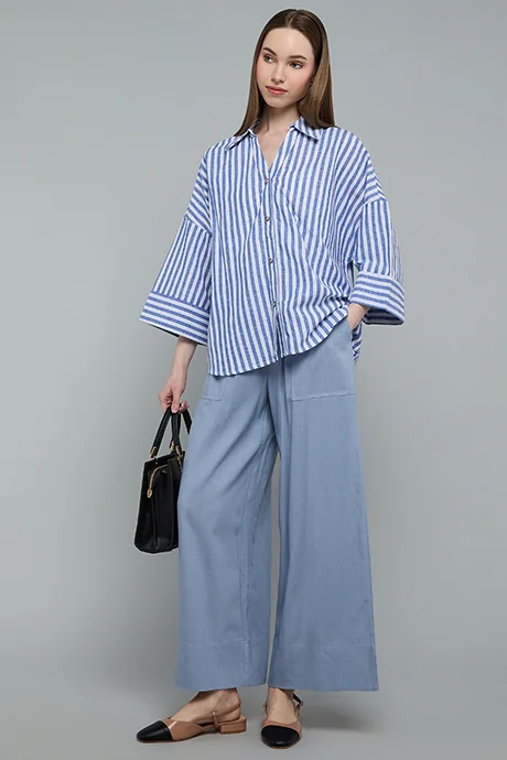 Striped Shirt with Spread Collar and 3/4 Sleeves